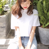 夏装韩国版型宽松纯色短款高腰 t恤女装圆领纯棉白色露脐简约潮流