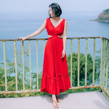 V领露背海边度假波西米亚沙滩裙 超大摆吊带长裙复古红色连衣裙夏