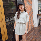 韩风夏季新款女装修身短袖衬衣松紧腰短裤套装学院风休闲两件套潮