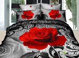 外贸出口个性豹纹深色玫瑰3D床单被套床上用品四件套纯棉欧美立体
