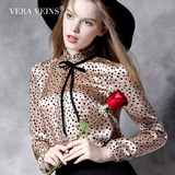Vera Veins2016春季新款 香槟色小波点长袖重磅真丝衬衫 女 衬衣