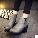 女式韩版秋冬新款女鞋防滑高跟粗跟加棉加厚雪地靴子短筒靴黑灰色