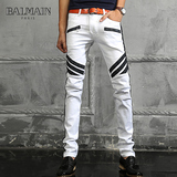 BALMAIN巴尔曼牛仔裤男 白色弹力拼接机车韩版修身小直脚小脚长裤