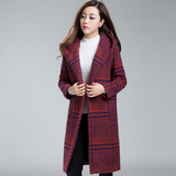 2016新款女装韩版加厚中长款连帽千鸟格子羊毛呢大衣外套女