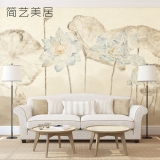 新中式水墨荷花 客厅电视背景墙壁画 卧室墙纸 定制无缝壁画艺术