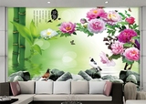 3D立体墙纸客厅沙发电视背景墙壁纸墙画布大型壁画中式牡丹花竹子