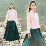 传统汉服古装女装改良汉元素中国风春衬衫对襟上衣茶服女棉麻粉色