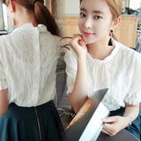 韩国代购2016夏背后纽扣半透明棉麻木耳领甜美学生短袖衬衫上衣女