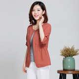 2015秋新款韩版中年女装纯色棉麻短外套休闲大码显瘦夹克亚麻开衫