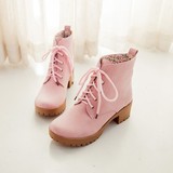 单鞋秋季新款甜美韩国森女系休闲马丁靴米粉色中跟厚底短靴潮女靴