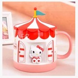 日本直送~Hello Kitty城堡卡通陶瓷马克杯子 带盖水杯早餐礼品杯