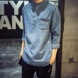 U.N.P男士牛仔衬衫修身新款秋装青年休闲立领套头潮韩版衬衣外套