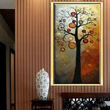 简约单幅有框画竖版客厅餐厅玄关手工壁画发财树油画后现代装饰画