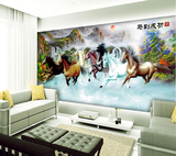 中式无缝壁画墙布客厅沙发背景墙壁纸卧室书房3d墙纸大型八骏图