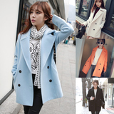 学生韩版外套秋冬新款女装加厚显瘦中长款双排扣呢子大衣潮水果色