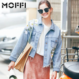 Moffi2016秋新款磨破花朵贴片不规则复古短款刺绣宽松牛仔外套女
