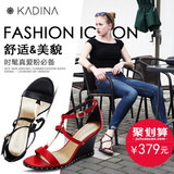 卡迪娜/kadina 夏款欧美羊皮女鞋金属坡高跟凉鞋KM53015