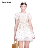Five Plus新女装气质刺绣短袖圆领高腰连衣裙短裙2151086080