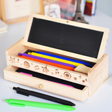 博高 韩国创意原木质双层抽屉式铅笔盒 DIY小黑板收纳盒 文具盒
