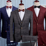 西服套装男士新郎结婚礼服伴郎格子西装三件套修身韩版商务suit潮