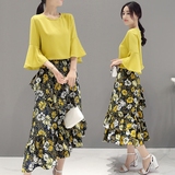 大码女装16夏韩版新款纯色上衣不对称印花长裙两件套胖MM时尚套装
