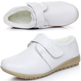 白色护士鞋棉鞋冬季真皮加绒牛筋底坡跟厚底防滑特大码妈妈鞋保暖