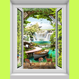 竖款3D仿真假窗户墙贴 林荫道森林风景竹林瀑布溪水唯美装饰贴画
