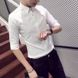 夏季男士纯色中袖衬衫青年修身韩版商务休闲七分短袖发型师衬衣潮