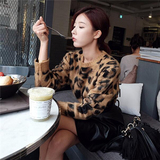 现货韩国正品代购2016春新款韩版女装豹纹撞色毛绒套头针织毛衣