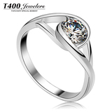 T400镶嵌施华洛世奇锆石 925银女刻字镀白金仿真钻戒钻石结婚戒指