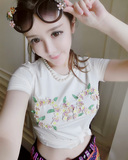 allien韩国正品代购现货春夏新款彩色花朵蕾丝边甜美白色T恤上衣