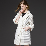 2015欧时力新款女装欧美大牌风衣镂空条纹中长款大衣白色外套春秋