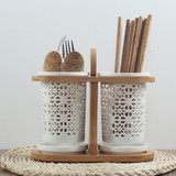 竹木陶瓷双筒筷子筒 韩式创意厨房用品防霉沥水筷子盒筷笼接水碟