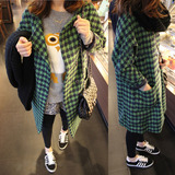 韩国代购时尚个性韩版复古绿格子中长款毛呢大衣秋冬女装直筒外套