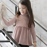 韩国2016儿童打底衫新款秋冬装女童长袖T恤纯棉加绒高领螺纹裙摆