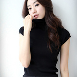 2015秋冬韩版女装黑色高领短袖针织衫套头毛衣女半袖纯色显瘦打底