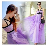 抹胸吊带裙海边度假必备沙滩裙波西米亚拖地仙女长裙紫色连衣裙夏