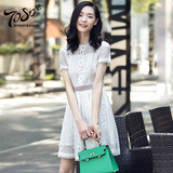 夏季新款2016韩版白色短袖水溶蕾丝连衣裙a字高腰修身蓬蓬中裙