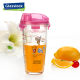韩国进口Glasslock卡通玻璃杯 带刻度水杯 带绳茶杯 加厚牛奶杯
