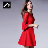 ZK女装2016冬装新款红色圆领七分袖淑女连衣裙蕾丝A字裙喇叭袖潮
