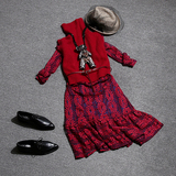 欧洲站2015秋冬装欧货新款蕾丝连衣裙显瘦高领两件套针织背心女装