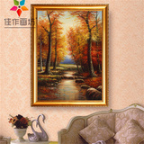 黄金树林风景油画纯手绘竖幅装饰画欧式玄关有框挂画卧室走廊壁画