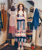 现货韩国代购夏季女装V领减龄彩色条纹吊带百褶雪纺连衣裙长裙