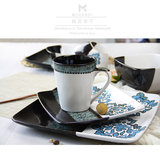 莫兰迪 高档北欧创意浮雕手绘单人陶瓷西餐具2-4人套装碗碟盘杯