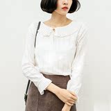 新款白衬衫女长袖修身娃娃领打底衫学生文艺系带百搭棉麻衬衣韩版