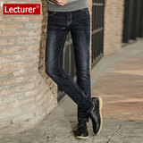 Lecturer春秋季高弹力男士牛仔裤修身直筒黑色弹性青年大码长裤潮
