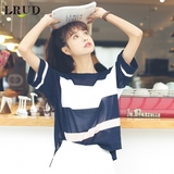 LRUD2016夏季新款韩版宽松条纹撞色短袖T恤女圆领百搭开叉针织衫
