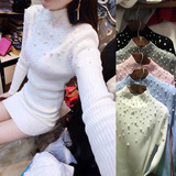 秋冬新款韩版半高领珍珠修身连衣裙中长款包臀针织衫套头打底毛衣