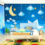 儿童卡通蓝色月亮小船现代简约墙纸卧室书房沙发背景墙壁纸壁画