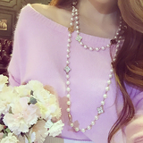 SUGAR GIRL 韩国直送 气质 双层珍珠镶钻花朵毛衣链 长款项链